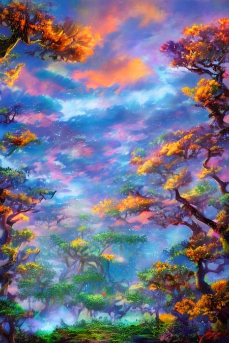 impressionism oil painting, 
fantasy forest,
an expansive ancient forest, featuring towering oaks, diverse wildlife, a variety of flora, and a feeling of grandeur,
glowwave,
dawn,
thunderstorm, and many small clouds, and slightly cloudy, FanLan,