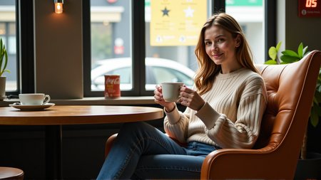 sci-fi style a slim elegant woman sitting in a cafe holding a large mug of coffee in her hands
she's looking at the viewer across a low table, she's sitting in a large comfy chair with her feet tucked up beside her
she's wearing jeans and a cropped woolen jumper with long baggy sleeves
she looks very relaxed and happy, her eyes glitter,
she has a heavy lower lip and hollow cheeks,
her eyes are an intense green colour and her long flowing hair is a brilliant auburn colour . futuristic, technological, alien worlds, space themes, advanced civilizations, score_9, score_8_up, score_7_up, hyperdetailed, hyperrealistic,  best quality, (masterpiece:1.3),high-definition, intricate details, volumetric lighting, symmetrical face, level eyes,