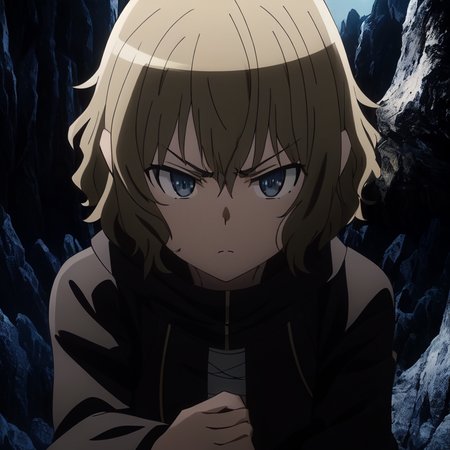 ryu, 1girl, wavy hair, short hair, angry, black coat, bandages, frown, close shot, dark, cave background, extremely detailed, aesthetic, masterpiece, perfect anatomy, atmospheric, majestic, highres, superb, extremely detailed, intricate, realistic lighting, 4k, (solo:1.2), (cute:1.1), (anime screencap), <lora:ryuv3:0.7>
