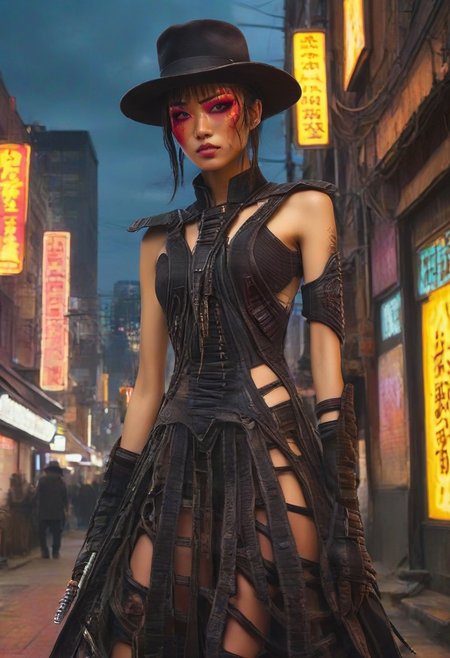 ((masterpiece, best quality, highly detailed)), cowboy shot, an asian skinned woman, stunning looks, demobaza, demobaza, The Hateful Eight film style, ((tall hat:1.3)), (swords, ((flaming sword)), sword in each hand), sword in both hands, wearing an unusual dress, black combat boots, in the city, cyber punk background, neon lights, short hair, brown eyes, demobaza, cyberpunk style, cyberpunk