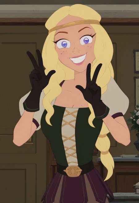 ((room background)),score_9, score_8_up, score_7_up,score_6_up, 
1girl, solo, Veronica_MML, light skin, violet eyes, freckles, long hair, blonde hair, voluminous wavy hair, dark green bodice with gold lacing, under white short-sleeved tunic, black gloves, purple gladiator skirt, brown leggings, black knee-high boots, black waistband, gold headband, cute, tall, social smile, perfect eyes, perfect smile, looking at the viewer, detailed eyes, perfect eyes, standing, big breasts (front pose, bust shot) five fingers, perfect hands, (v sign pose, hands up)