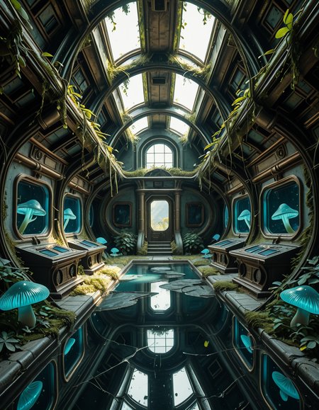 The interior of an ancient abandoned spaceship, overtaken by lush vegetation. The walls and ceiling are covered in thick, twisting vines and moss. Strange alien plants glow faintly in shades of blue and green, casting an eerie, mystical light across the metallic surfaces. Rusted control panels and shattered glass windows hint at a long-forgotten past. The floor is cracked and partially flooded with still, reflective water. Patches of bioluminescent fungi cling to the corners, adding a surreal atmosphere. The air feels heavy with moisture, and beams of soft, diffused light filter through holes in the hull, creating dramatic shafts of light and shadow. The overall style is hyper-realistic, rich in textures, with a cinematic and slightly melancholic mood.<lora:SDXLFaeTastic2400:0.4> <lora:extremely_detailed:0.4> extremely detailed,ancient abandoned sp4c3sh1p, <lora:ancient_abandoned_sp4c3sh1p-i:1>, Masterpiece,best quality,hi res,8k,hi res,8k,award winning,(sharp focus, intricate, highly detailed),