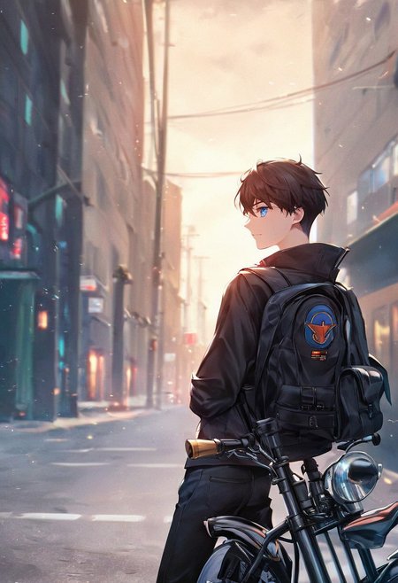 score_9, score_8_up, score_7_up, score_6_up, score_5_up, score_4_up, Gundam_00_Style, (Style: Gundam_00), source_anime,  masterpiece, volumetric lighting, vibrant colors, perfectly detailed face and body and eye, 1boy, teenager, solo, black hair, long sidelocks, short hair, blue eyes, high resolution, black jacket, open jacket, school uniform, black trousers, backpack, motorcycle, detailed background, parking lot, cinematic, <lora:add-detail-xl:0.4>, perfect hand, (fantasy-style), (shoujo-style), manhwa-artstyle