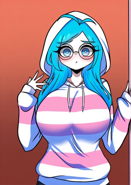 <lora:Tokigui:1.2>,1girl, minah (chaesu), huge breasts, against wall, alternate hair length, alternate hairstyle, antenna hair, baggy clothes, bespectacled, blue eyes, blue hair, blush, brick wall, forehead, fringe trim, glasses, hair down, hood, hood up, hoodie, long hair, looking at viewer, round eyewear, sleeves past wrists, solo, striped, striped hoodie,