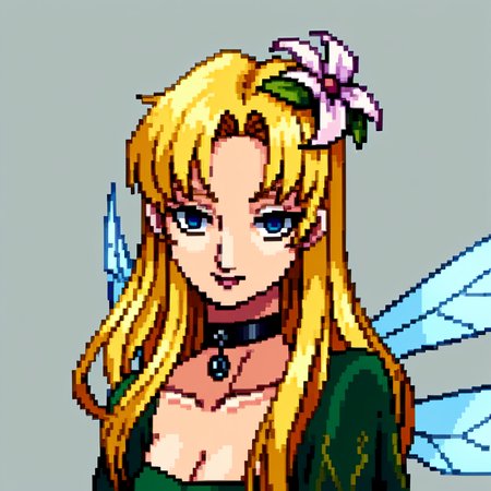 score_9, score_8_up, score_7_up, source_anime, BREAK, solo, 1girl, looking at viewer, <lora:P1-Portraits-pdxl_Fp:1>, portrait, simple background, pixel art, <lora:Titania-pdxl_Fp:1>, titaniasmt, blue eyes, blonde hair, long hair, hair flower, fairy wings, green dress, choker,