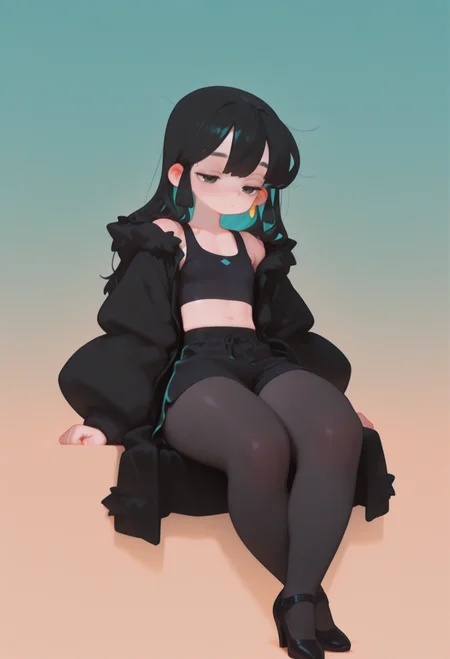 masterpiece, best quality, absurdres,
sitting, legs crossed ,
1girl, solo, full body shot,
looking side, inner hair color, ash olive hair , gradient hair,
long hair,
messed hair ,
black  eyes,
half closed eyes ,
ultra detailed eyes, flat chest  , [[[abs]]],
black tanktop, black shorts, thick black pantyhose, pumps
, furry coat
,
,
skindentation,  ((chubby thick legs), thick legs, chubby legs), thick calf, [[muscular legs]:0.66],
taking rest, exhausted, looking down
,
(
simple background,
simple gradient   pastel  turquoise  background
),
,
detailed eyes,
((nurzhan bekkaliyev)), small feet, perfect hands, fl4t,
<lora:Nurzhan_Bekkaliyev:0.85>
<lora:fl4t:1.2>
<lora:NOOB_vp1_detailer_by_volnovik_v1:0.6>,
,