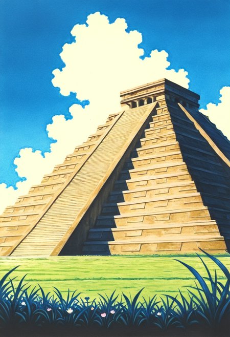 masterpiece, best quality, no humans,   Ch1chen, flower, day, blue sky, no humans, traditional media, grass, stairs,  ,<lora:ChichenItza_IXL_v1:1.0>,