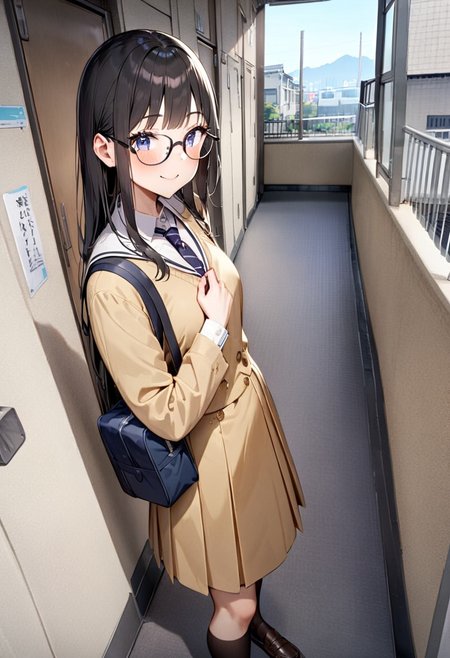 masterpiece, best quality, very aesthetic, absurdres,
1girl, glasses, black hair, long hair, school uniform, school bag, smile, blush, solo focus, standing, looking at viewer, 
rouka, hallway, scenery, window, building, day, sky, door, outdoors, blue sky, cityscape, city, real world location, 
 <lora:JProuka_apartment_hallway_SDXL_V1:1>
