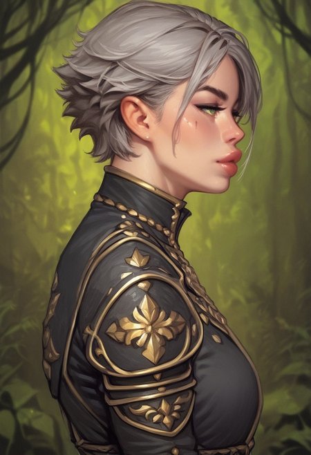 score_9, score_8_up, score_7_up, score_6_up, score_5_up, score_4_up, flat color, source_anime, anime coloring, 2d, (((side view)))
BREAK. 
 rating_safe, masterpiece monet painting, aaLinBeiFong, green eyes, short hair, grey hair, scar, armor, black uniform, lipstick,
((full-clothed)),
BREAK 
(birch forest background:1.4), score_9, score_8_up, score_7_up, score_6_up, source_cartoon, rating_explicit, Expressiveh, (((((upper body))))), dynamic pose
