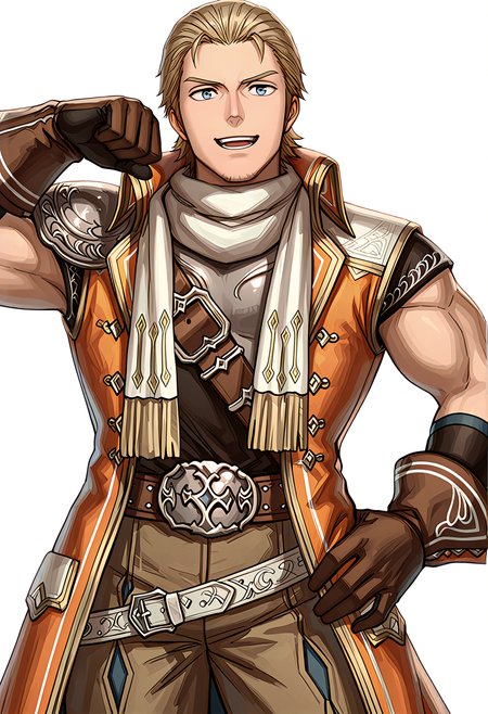 masterpiece,best quality,very awa,very aesthetic,
<lora:Corsair_Romancing_Saga_2_Revenge_of_the_Seven:1>,
<lora:noobai_vpred_1_aqm_complete_v3:1>,
<lora:NOOB_vp1_detailer_by_volnovik_v1:1>, masterpiece, best quality, newest, absurdres, anime screencap, intricate details, good quality, very awa, highres, perfect proportions, perfect eyes, amazing quality, very aesthetic, crsr_rs2, blue_crsr_eyes, blonde_crsr_hair, muscular male, mature male, 1boy, solo, male focus, solo, standing, smile, open mouth, looking at viewer, hand on own hip, cowboy shot, wiping face,    (white background, simple background), shadow, dynamic action, intricate lighting, intricately detailed illustration, depth of field,
