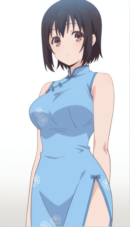 <lora:ILXL_KotoneShirakawa_OF_Mornix:1> kotoneofdef, brown eyes, black hair, short hair, anime screencap,
solo, dress, breasts, china dress, chinese clothes, white background, blue dress, looking at viewer, simple background, sleeveless, bare shoulders, sleeveless dress, side slit, closed mouth, cowboy shot,
masterpiece,best quality,amazing quality,