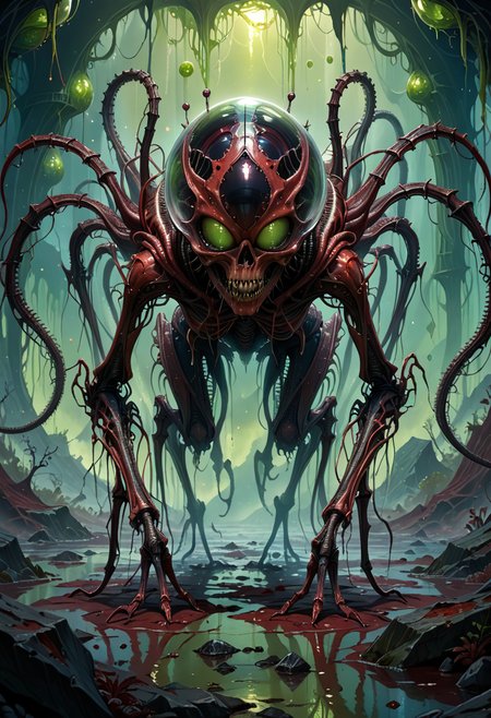 score_9, score_8_up, score_7_up, score_6_up, SV, full body detailed CGI art, 
sinister alien scene, cosmic fog, dark crystalline structure, fractured surface, jagged shards, alien tendrils, pulsating blood-red core, swirling trapped entities, eerie glow, warped shadows, alien mist, unsettling atmosphere, ominous, unknown horrors within