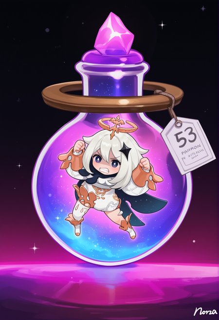 very awa, (official art:0.8), (norza:0.8), 1girl, paimon \(genshin impact\), angry, raised fists, in bottle, in container, galaxy, rainbow gradient, potion, price tag,  [masterpiece:0.15], [best quality:0.15], [newest:0.15], [absurdres:0.15]