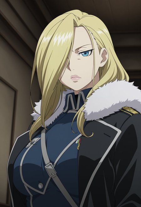 1girl,solo,mm,mature female,blonde hair,long hair,hair over one eye,blue eyes,lips,large breasts,anime coloring,
military uniform,coat,fur trim,upper body, looking at viewer, indoors, 
,masterpiece,best quality,amazing quality,<lora:Olivier_Mira_Armstrong-Fullmetal_Alchemist_IL:0.8>