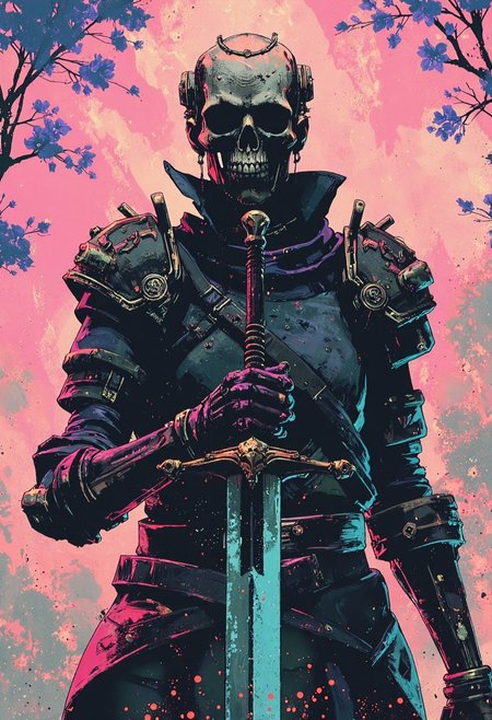 A skeletal knight, ribcage visible through tattered dark fabric, wearing blackened plate armor with ornate skull-shaped shoulder pauldrons and a small crown of thorns on its skull, holding a massive two-handed greatsword with a glowing light blue blade planted into the ground, three-quarter view from slightly below, surrounded by stylized pink and blue flowering vines and thorny branches against a soft, pale pink backdrop, dramatic rim lighting highlighting the bone structure and armor details, intricate details on the armor and sword, dark fantasy art, <lora:ArcaneFGTNR:0.8>, <lora:Luminous_Shadowscape:0.6>, <lora:FantasyWizardWitchesFluxV2-000001:0.8>