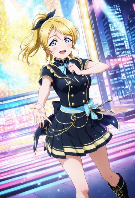 masterpiece, best quality, solo, 1girl, aged up, happy, 
 eli_ayase, ayase_eli, yellow hair, blue eyes, ponytail, hair ribbon, pleated skirt, short sleeves, skirt, modern idol outfit, chic black-and-blue ensemble, asymmetrical skirt, high collar, sleek boots, neon-lit stage, smoke and spotlights, cool city vibes, pulsing rhythm, bold expression, urban nighttime performance