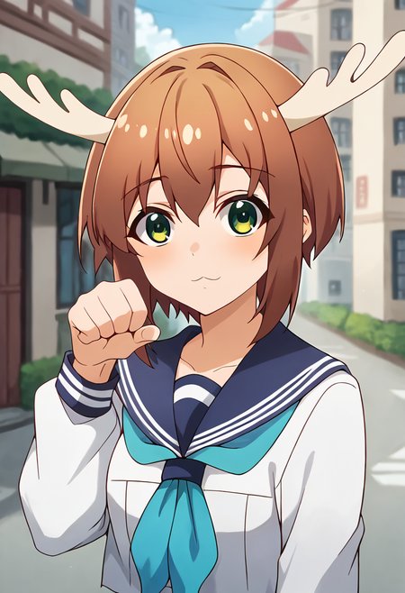 score_9, score_8_up, score_7_up, source_anime, masterpiece, 1girl, ct_shikan0k0, blue skirt, blue sailor collar, blue neckerchief, serafuku, pleated skirt, long sleeves, outdoors, city, depth of field, sunny, day, shiny skin, looking at viewer, paw pose, upper body, :3,<lora:Shikanoko_Noko_pony_v1:0.9>