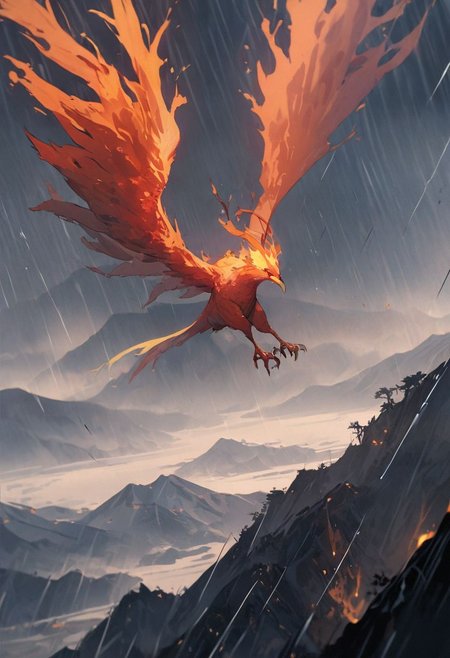 beautiful Phoenix flying, streaking flames on wings, wind, rain, mountaintops, masterpiece, view from above looking down