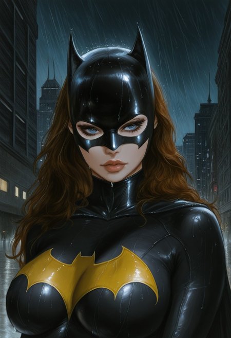 AMAZING QUALITY, MASTERPIECE, R0Y0, 1GIRL, PORTRAIT, BATGIRL, MASK, CAPE, CLAVAGE, HUGE TITS, DARK CITY, RAIN