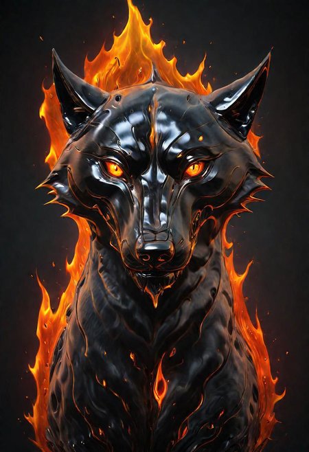 (masterpiece))
a wolf head,
HDR, hyper realistic, 
Black goo,
godly auburn light, flames,