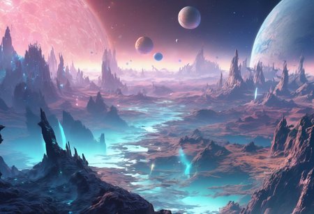 Planet view, beautiful sky, apocalyptic, silhouette, space, Complex landscape, best quality, pastel colors, light blue tint, aesthetic Ethereal, Effulgent, Idyllic atmosphere, Tranquil, ethereal quality, cinematic volume, Twinkling lighting, glowing aura, global illumination, glowneon, Anisotropic Filtering, Unrivaled Opus, Unconventional, hyper detailed, HDR,