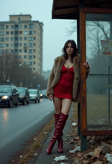 A photorealistic image of a busty 23 year old woman leaning against a rusty bus stop sign in an abandoned Russian suburb. 
She is dressed in a short, tight red dress with thigh-high boots and a fur coat that barely covers her shoulders. 
The bus stop is surrounded by broken-down vehicles and piles of litter. The distant high-rise buildings are crumbling, with broken windows and graffiti marking the walls. 
Her expression is blank, and the dim, cold streetlight casts eerie shadows across her face, emphasising the emptiness of the desolate surroundings.