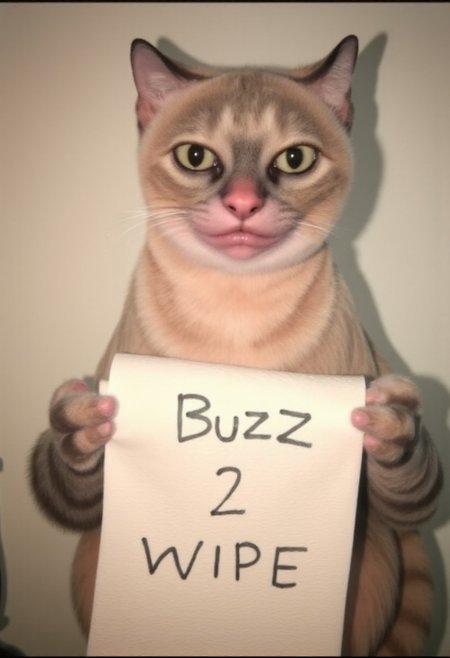 IMG_2222.JPG, Security camera.
one serious ART BRUT CAT holding a toilet paper with "BUZZ 2 WIPE" in black letters with its hands.