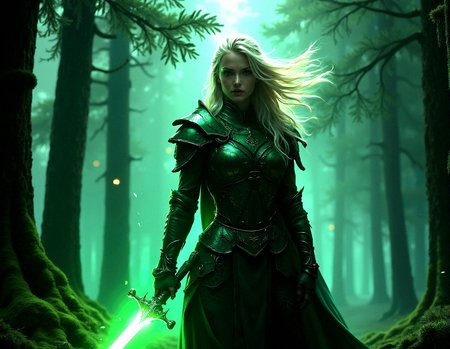 realistic female warrior, glowing green sword, dark enchanted forest, wind blowing leaves, intense gaze, highly detailed glowing armor, photorealistic fantasy setting, 
Standing with the sword behind the back, both hands gripping the hilt, intense concentration,
Clusters of tall, straight pine trees with needles carpeting the ground, Moss-draped branches hanging low, Strong backlighting creates a dark outline of the subject against a bright background.Weathered, peeling textures, adding an aged, distressed look.


