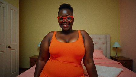 4k, RAW photo, best quality, masterpiece:1.2), ultra high res, (photo realistic:1.2), High detail RAW color photo, (realistic, photo realistic:1.4), ((best quality)), black asian woman ((mature 29 year old woman)). 1girl,  plump curvy body, perfect cute face, thick thighs, orange-framed eyewear, glasses, short brown hair, teeth, uncensored, army green eyes eyes, smile, looking at viewer, body facing viewer, bedroom background, wearing a orange:1.2 skin tight jumpsuit
