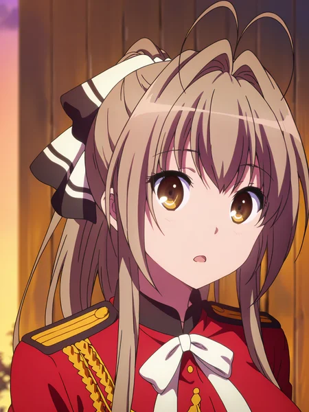 <lora:Isuzu_Sento:0.8>, sento isuzu, 1girl, solo, brown eyes, long brown hair, antenna hair, ponytail, hair ribbon, military uniform, red jacket, white bowtie, epaulettes, aiguillette, surprised, confused, open mouth, :o, standing, turning head, looking at viewer, portrait, outdoors, wooden wall, sunset, blurry background