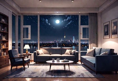 ((front view)), Shallow scene, ((animation style)), modern-style interior, with white walls, (large windows), a  study, Sofa, coffee table, bookcase, single wall, (gloomy room), Turn off the indoor lights and turn on only the desk lamp, quiet and mysterious night sky, starry sky, moonlight, city night view, (City high-rise building scenery), (City scenery outside the window)