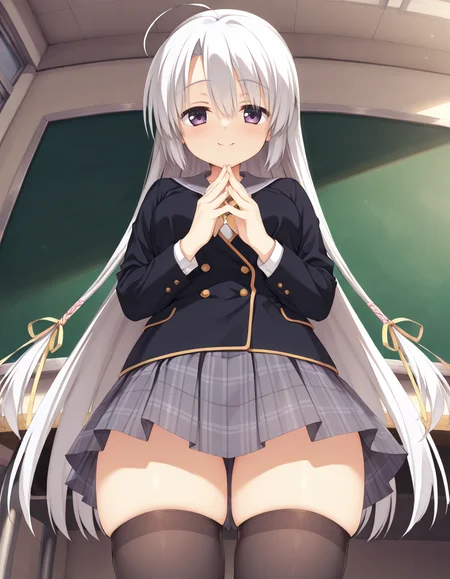 Ayachi Nene V2 (school uniform),purple eyes,white hair,very long hair,ahoge,school uniform,serafuku,black jacket,plaid skirt,black thighhighs,(grabbing breasts:-1),classroom,day,front view,straight-on,frontal face,front face,front angle shot,shoot from front,Facing directly forward, looking straight into the camera,
smile,
looking at viewer,
medium breasts,
hair between eyes,curvy,slim,thick thighs,detailed body, skindentation,matte skin,smooth skin,soft brightness,perfect hands,perfect fingers,five fingers,detailed hands,detailed mouth,kawaii,moe face,16k,(masterpiece,best quality,amazing quality),detailed linework,
(from below:1.5),
 <lora:ãµããã¦ã£ããç¶¾å°å¯§ãillustriousV2SANOBA_WITCHAyachi_NeneillustriousV2:1:0.8>