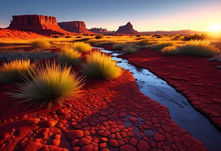 small rivers of chrome and silver scattered on the red dusty and rocky ground, long grass catching the sun light,  in Navajo tribal land by sunrise, sacred navajo site, the sun rising just over the horizon, dryied plants, drought, hyper realistic, dreamland, etheral land, photorealism, 4k, photorealistic, deep tones,