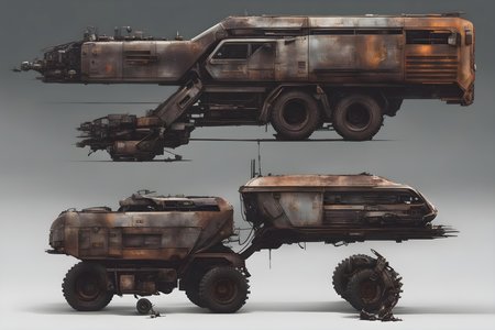 Metal texture, rusty, dirty, RPG game, sci-fi, cyberpunk, mega building, vehicle design, postapocalyptic, dystopian, futuristic, character sheet, Cyberpunk 2077, highres, super detailed, 2k, 4k, 8k, 16k, game asset, transparent background, frontal view, side view