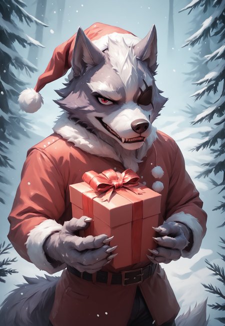 safe_pos, kftenhance, FF Christmas Painting Style, score_9, score_8_up, score_7_up, score_6_up, score_5_up, score_4_up, source_furry, 1boy, furry, anthro, male, solo, grey fur, Wolf O'Donnell, Red Eye, Right Eyepatch, santa outfit, santa hat, paws, tail, sharp fangs, sexy pose, looking at viewer, smile, holding christmas present, snowy forest background