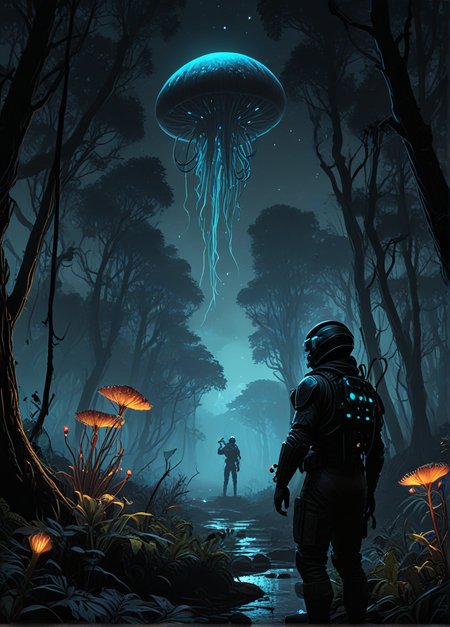 Alien-themed soldier talking through a dark alien forest with large bioluminescent organisms, bioluminescent plants, night sky, . Extraterrestrial, cosmic, otherworldly, mysterious, sci-fi, highly detailed