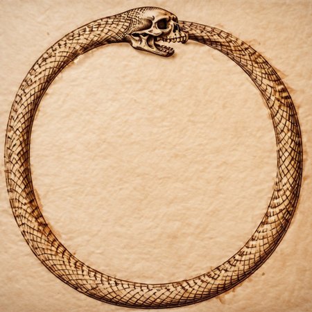 Ouroboros and a human skull, snake eating its own tail, snake with its tail in its mouth, snake, solo snake, drawn on ancient parchment paper, background is parchment paper. ancientegypt, detailed background.