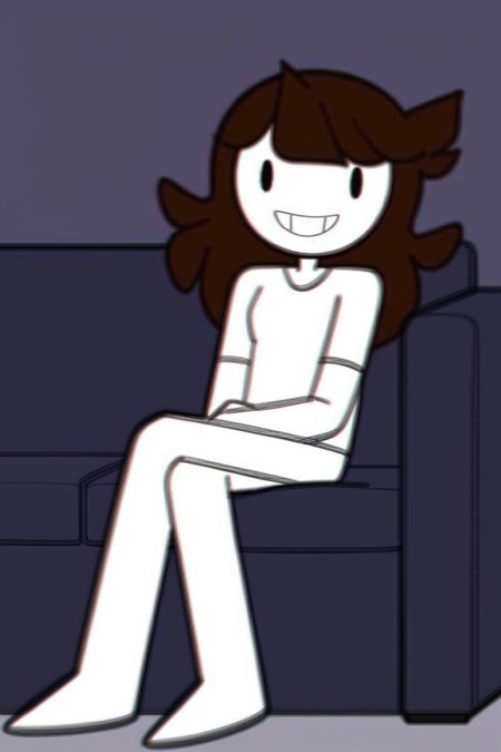 feminine, masterpiece, best quality, newest, absurdres, jaiden_a, 1girl, cartoon, brown hair, white skin, white shirt, black eyes, white pants, sitting, sofa,
BREAK
dynamic lighting, dark background,  <lora:Jaiden_A_Pony:1>