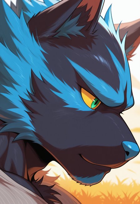 masterpiece,best quality, amazing quality, 1boy, solo, alt_1nc1n, pokemon (creature), bara, muscular male, blue fur, colored sclera, green eyes, black fur, striped fur, face focus, side angle,

outside,