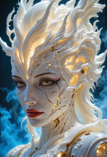 Close-up portrait of a statue of a woman. Her head and body are made of ivory and smooth with numerous, glowing, fine, hairline cracks covering the head and down her neck creating an organic mosaic pattern. She is biomechanical. Her eyes are an intense hazel color with black eyeshadow, and her lips are a rich, deep red color. A spot light focuses on her eyes, creating strong highlights and shadows. The light background is softly blurred showing a sea of white rose petals, but is blurred and out of focus so all visual attention is on the woman's eyes, nose and mouth. Her hair is stark white and falls around the lower half of the image. She is blending in with the background. She is looking at the viewer intensely. Blue and white smoke surround her body. She is like a bust. The overall impression is one of dramatic beauty, with an almost otherworldly quality.  (((ultra-realistic style))), realistic soft lighting, eye-catching, atmospheric lighting, smokey environment, natural, shallow depth of field, (highlights: 0.8), high detail (dynamic, sincere, cinematic shot, film grain, bokeh, depth of field)