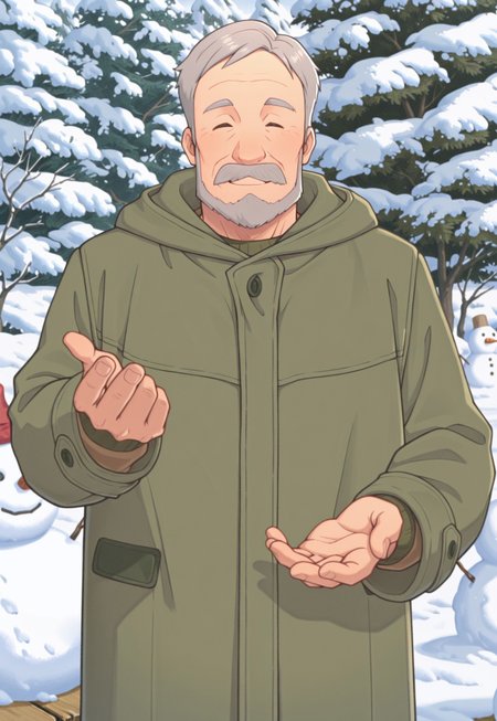 solo, masterpiece, detailed, ultra hd, best quality, 1boy, male, official art, w0lfc0nf, modern, new, masculine face, daddy looking face

PokemonAnnasGP, grey hair, mustache, old man, coat, looking at viewer, smiling, snow, beckoning closer, snowman, closed eyes