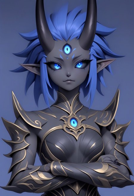 3DMM, te'kharoth, third eye, tail, horns, short hair, messy hair, black sclera, 1girl, blue eyes, armor, crossed arms, upper body, small breasts, ornate armor, fantasy, magical aura, east asian architecture, painted fingernails, sharp fingernails, long fingernails,