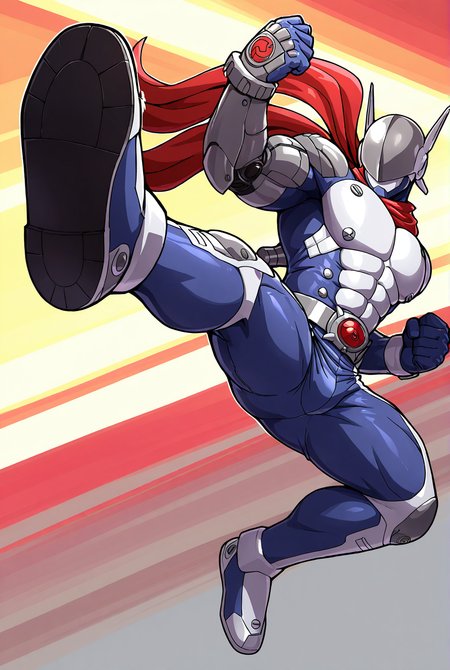 very awe,aesthetically pleasing,masterpiece,best quality,amazing quality,very aesthetic,ultra-detailed,high resolution,8k,1boy,solo,full body,bara,male focus,detailed face,tokusatsu,helmet,red scarf,armor,belt,gloves,bodysuit,mechanical parts,shoe soles,rider kick,flying kick,fighting stance,<lora:add-detail-xl:1>,<lora:Justimon:0.8>,justim0n,