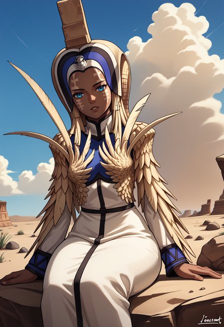 score_9, score_7_up, source_anime, 1girl, sitting, looking at viewer, parted lips, <lora:zs_IsisXL:1> isissmt, blue eyes, dark skin, feathers, head dress, dress, wide hips, facial mark, rock, desert, cloud