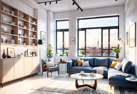((front view)), Shallow scene, ((animation style)), modern-style interior, with white walls, (large windows), Nordic-style furniture, a  study, Sofa, coffee table, bookcase, single wall, 
warm light morning sun, (the view of the city)
