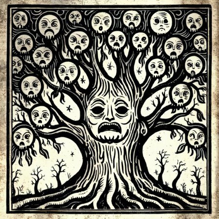 obscurae  a tree with faces, very detailed <lora:obscurae:1>