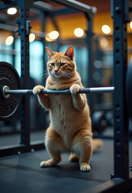 cat in the gym doing squats at the rack,