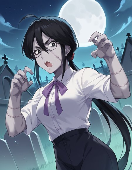 score_9, score_8_up, score_7_up, source_anime, <lora:sae-shirai-s1-ponyxl-lora-nochekaiser:1>, sae shirai, long hair, black hair, ponytail, ahoge, glasses, black eyes, hair between eyes, sidelocks, medium breasts,, <lora:zombie-ponyxl-lora-nochekaiser:1>, zombie, colored skin, stitches, grey skin, multicolored skin, stitched face, zombie pose, halloween, halloween costume,, night, moon, graveyard, tombstone, grave, open mouth, , dutch angle, cowboy shot