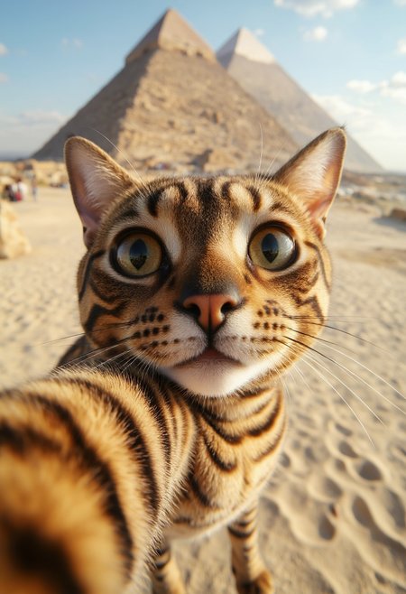 Silly looking Cat taking a selfie at the pyramids