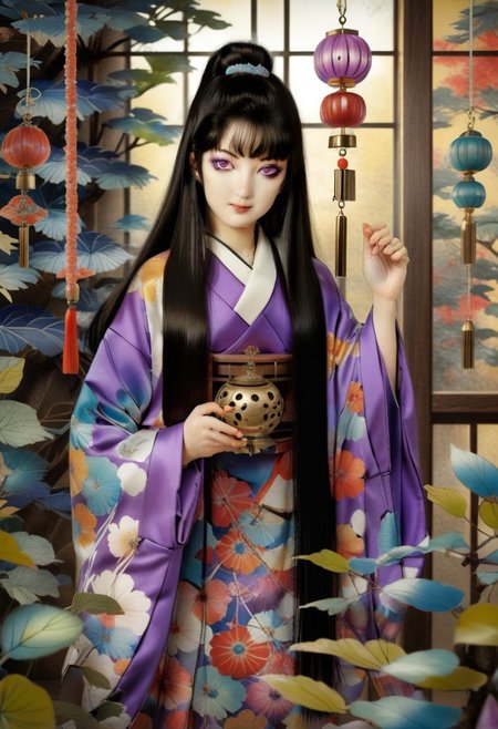 masterpiece,best quality,concept art, (portrait art by Hashiguchi Goyo:0.8) and (Tsuchiya Koitsu:1.3) , detailed art, concept art, Varied (a girl (Tomie Kawakami) with black long hair,hime cut,purple eyes,in a bizzare pavilion with strange plants,wind chime,censer,wall of psychedelic pattern:1.3) , dressed in winter magnificent colorful kimono, Winter, Wide view, Vivid, Spiritual, specular lighting, happy, smile face, right hand up to say hello, 800mm lens, feminine, Surrealism Art,<lora:huyaXLlokr3f:1>, radiant, highly detail, exquisite color, ambient